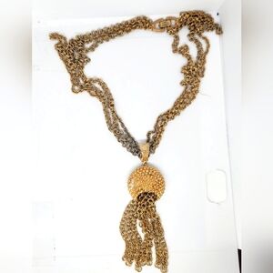 Vintage 50s Corocraft Multi Strand Gold Tone Chain Necklace Tassel Pendant Rare